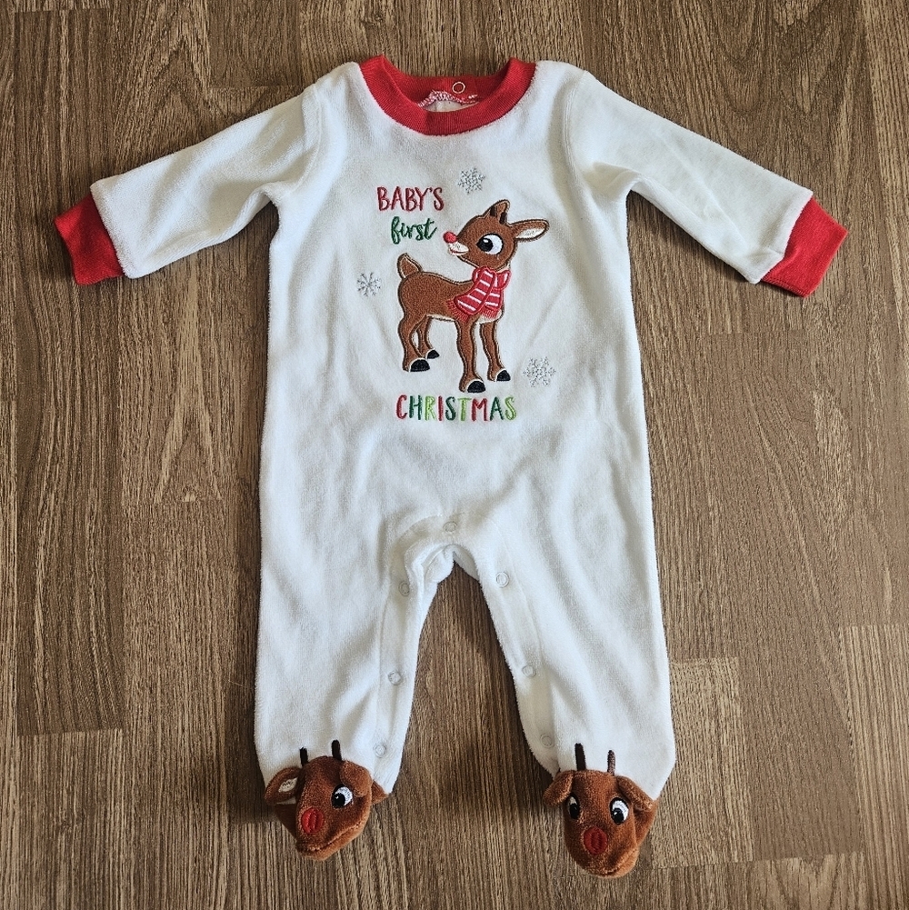 Baby's First Christmas Rudolph One Piece - White and Red